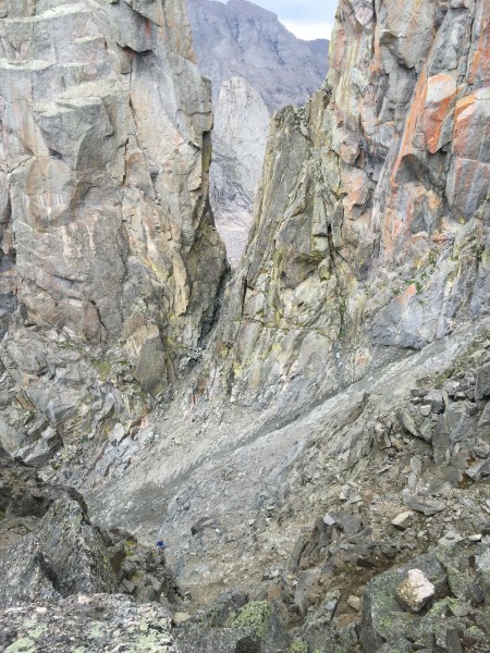 Loose gully heading up to Watchtower.  Bryan at the bottom in blue, Pi...