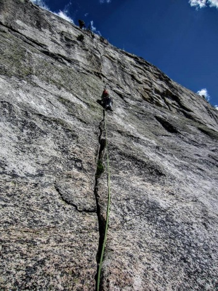 My wife leading up the Direct NW Face of Lembert Dome