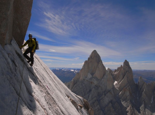 Ice traverse on the Compressor Route of Cerro Torre.