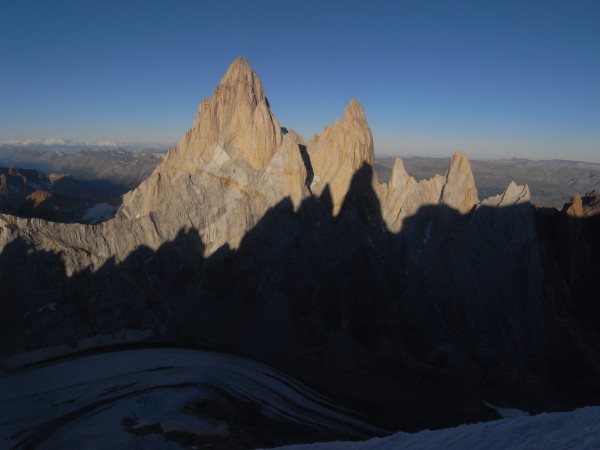 Evening with the shadow of the Torres on the west face of Fitz Roy.