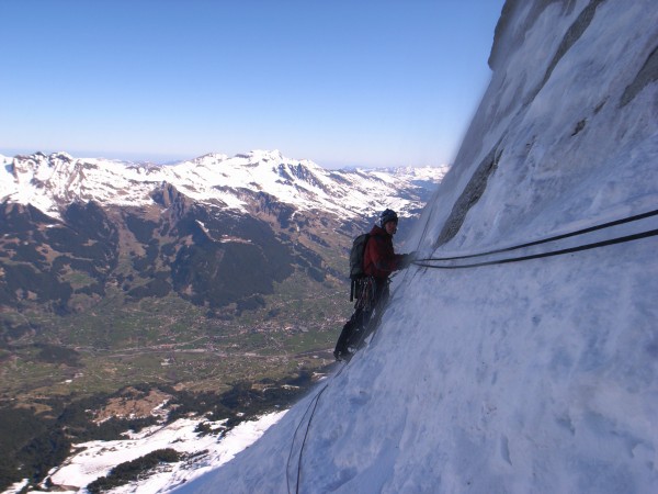 Pulling fixed ropes on the Hinterstoisser. Pretty sure this pitch woul...