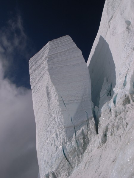 Falling ice from the hanging glacier is the main objective danger on t...