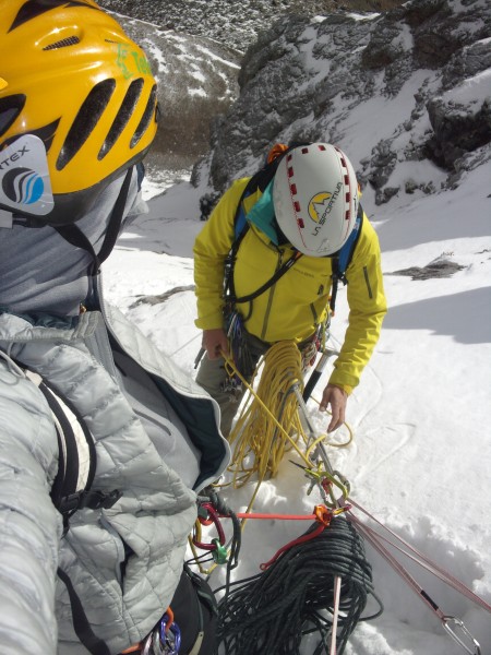 Yamagishi at a belay on the snow band.