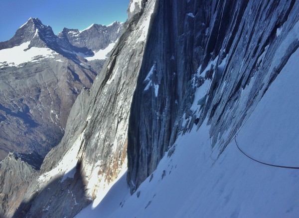 looking back down the traverse from near the end of our lead rope.