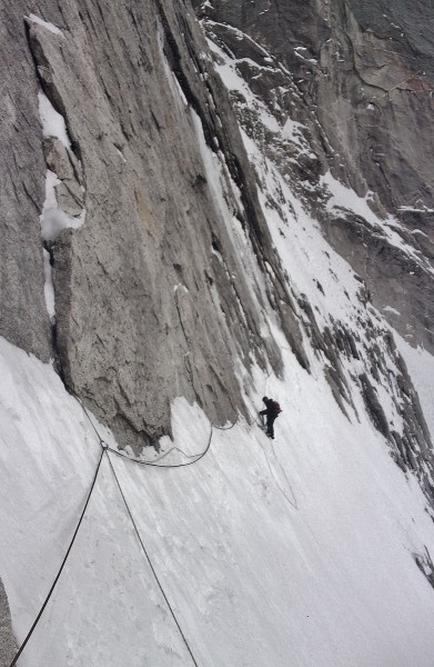 Dan swapping out our scavenged rope across the traverse.