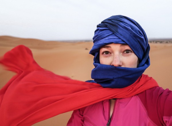 Keeping wind and sand out of my face and hair