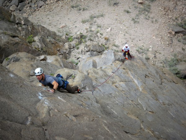 W.L. making the transition to the steep bit of pitch 2.