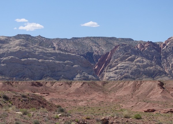 The white ramp in the red rock is the climb, 1,000 Feet of Fun