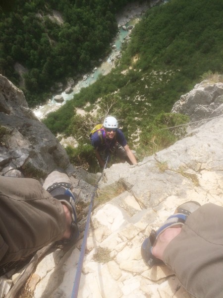 Tim arriving at the belay on the sixth pitch.