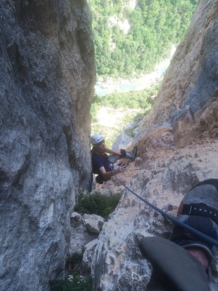 Tim emerging from the narrow chimney at the top of pitch 10.