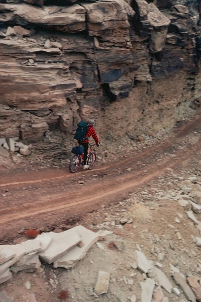 Steve Morgan descending the Shafer Trail in Candylands on his homemade...