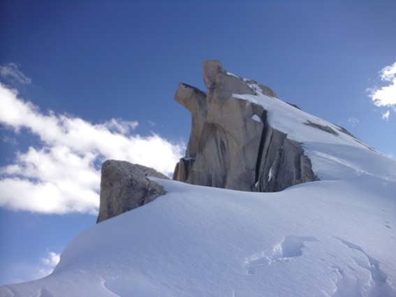 Xialongrezha summit stack, across dangerous granulated snow over seaml...