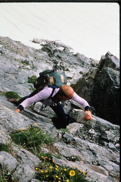 Peter third classing the lower north face just above the ice field.