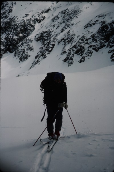 Skiing up to our high bivy.