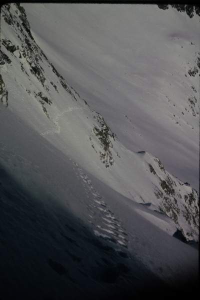 Looking down my tracks somewhere below the cliff band.