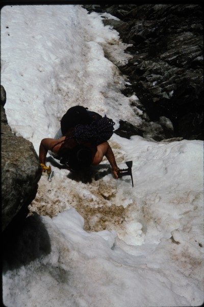 Charlie starting up the steep icy step half way up the couloir on Mt...