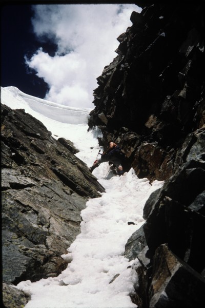 As the couloir steepens near the top Charlie prepares to stem between ...