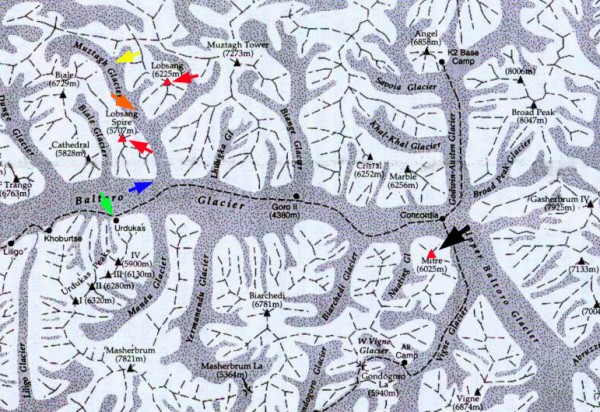 Green: Urdukas, Blue: Mustagh cache, Orange: Mustagh Meadows, Yellow: ...