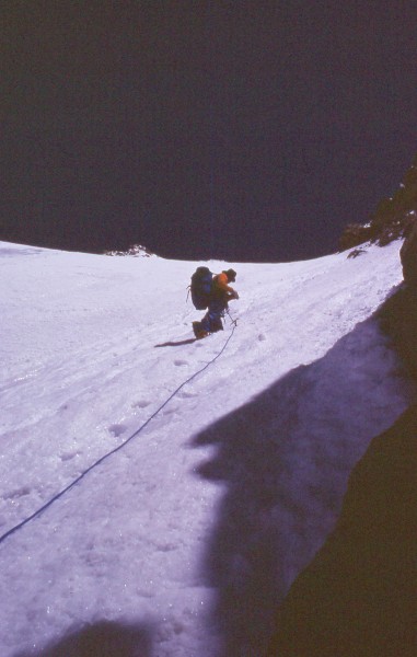 Covington in the sloppy snow near the top of the couloir.