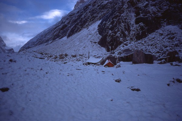 Empty camp after snow - our tent and the Starship