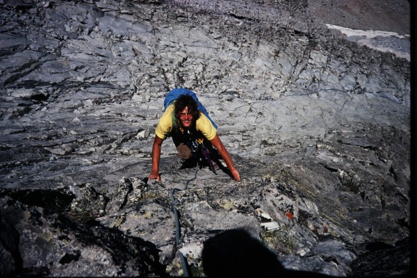 Phil following some of the lower angle, easier ground near the top of ...