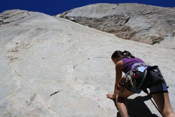 Joyce on her first lead up a 5.4 slab