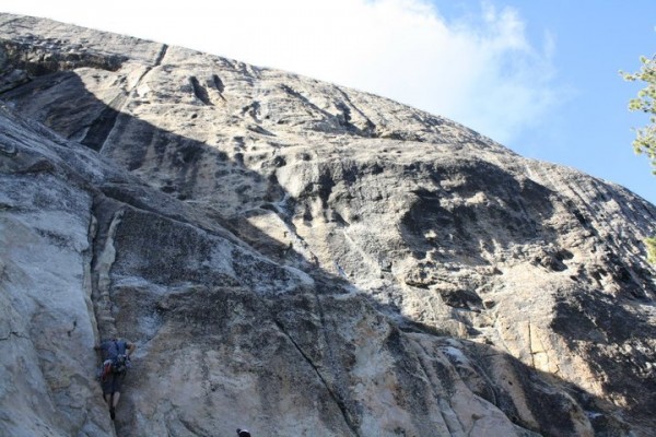 Leading a 5.8 crack route up to a crazy, flakey, over hanging corner