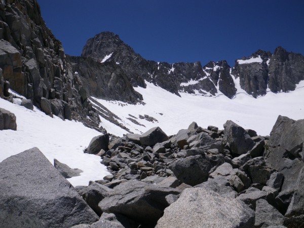 Mt. Sill &#40;upper left&#41; and Palisade Glacier, from the moraine