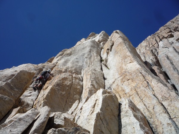 Out of the big corner and trying to stay near the arete.  Big main cor...