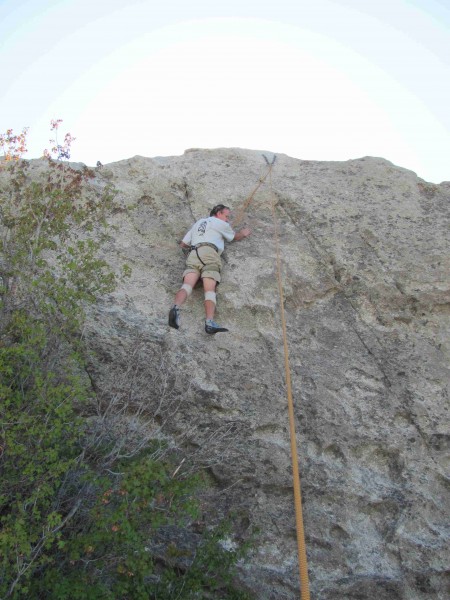 "Fritz" starting the 5.8 finish on Practice Rock, left side toprope.