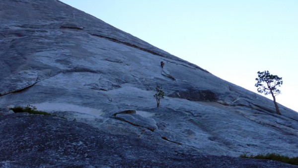 Climbing the first pitch.  Photo by Dave