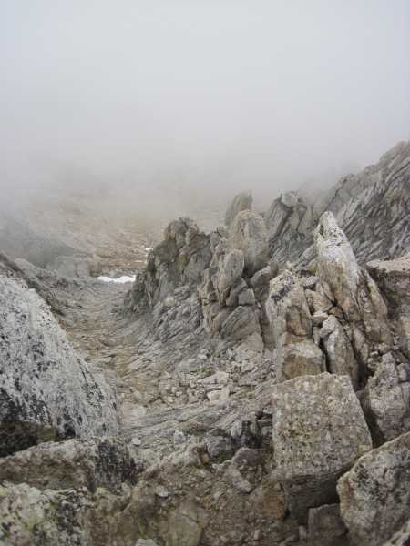 Descent gully obscured by clouds - 9/8/10