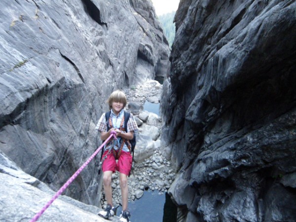 Sawyer going over the edge on the big drop.  What a lot of faith he ha...