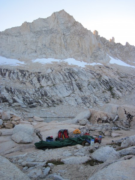 Bivy site in foreground; Feather Peak in the background; N Couloir sta...