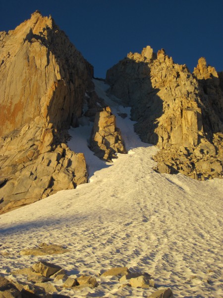 Looking up Feather Peak's North Couloir's left and right branches, and...