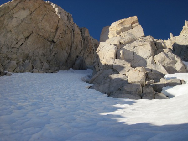 Looking up Feather Peak's North Couloir at its left and right branches...