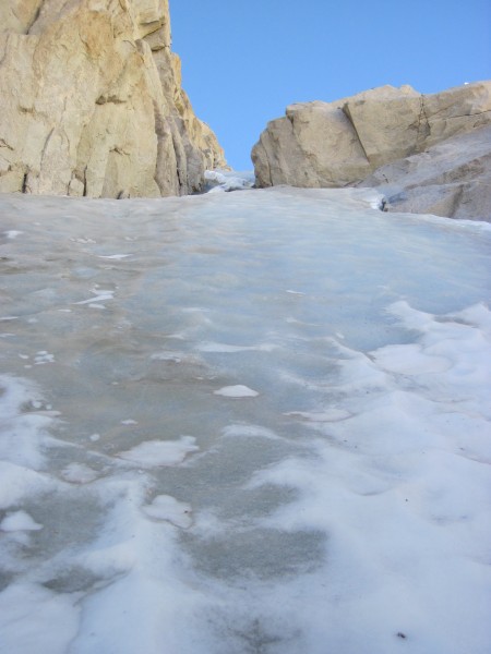 Fun ice above! Looking up the left branch of the Feather's N Couloir -...