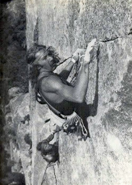 Jim Bridwell leading the crux of Butterfingers, 5.11a