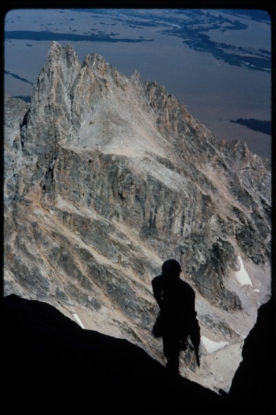 Looking down at Jimmy as I head towards the start of our couloir.  Mt ...