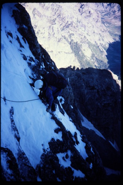 Jimmy coming up the first pitch of the enclosure couloir.