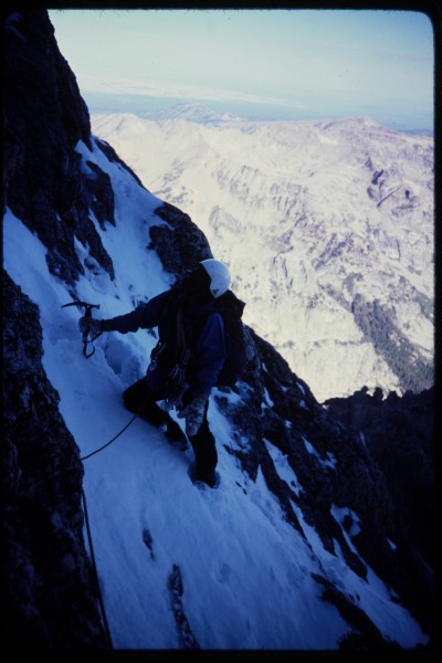 Jimmy approaching our first belay in the enclosure couloir.