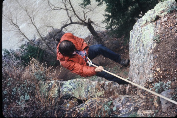 Tim Fall on his first and only rappel ever.  Clearly these fishermen a...