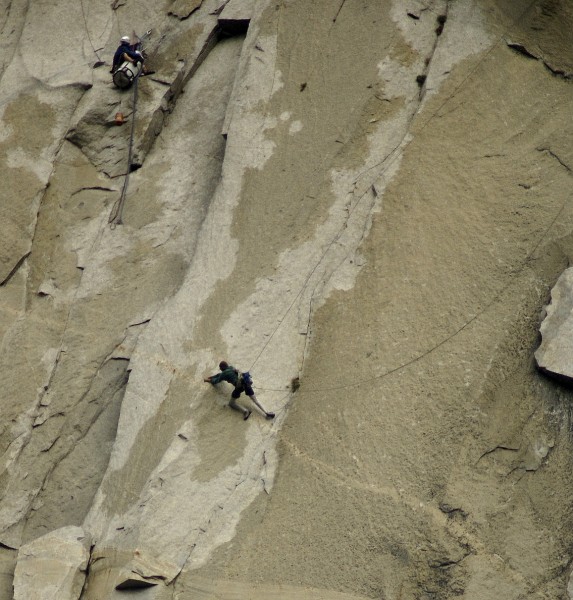 Reaching the arete, tension traverse version of the King Swing, 2009-9