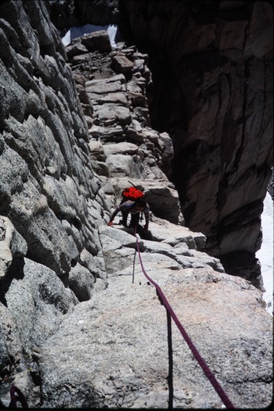 Sharon coming up the last part of the sloping ledge.