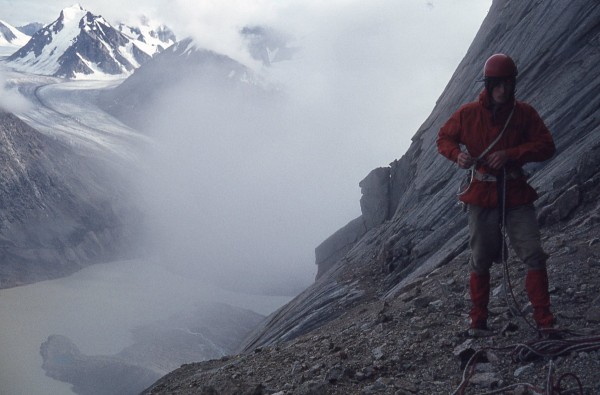 Heading down, the terrace below the headwall.