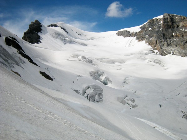Main summit on the left, normal route climbs the glacier from bottom r...