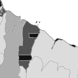white = ocean; light grey = state owned land; medium grey = bishop est...