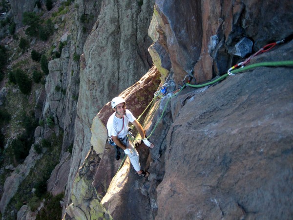 Looking down from mid way on pitch five, just after turning the arete ...