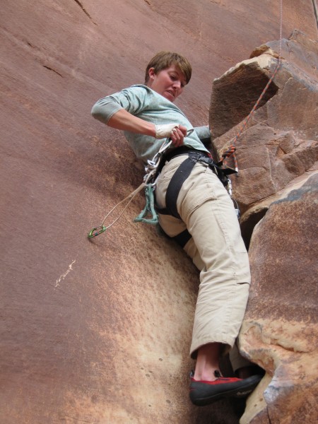 Kristen surmounts the initial block and cracks