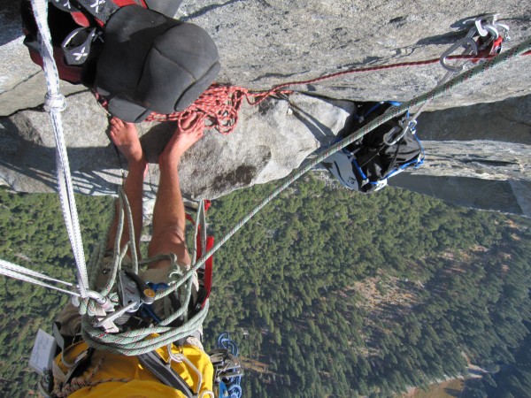 Looking down from a hanging belay somewhere on the route.